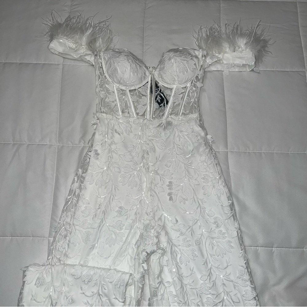 Lulu’s Off Shoulder Lace Appliqué Jumpsuit Bridal